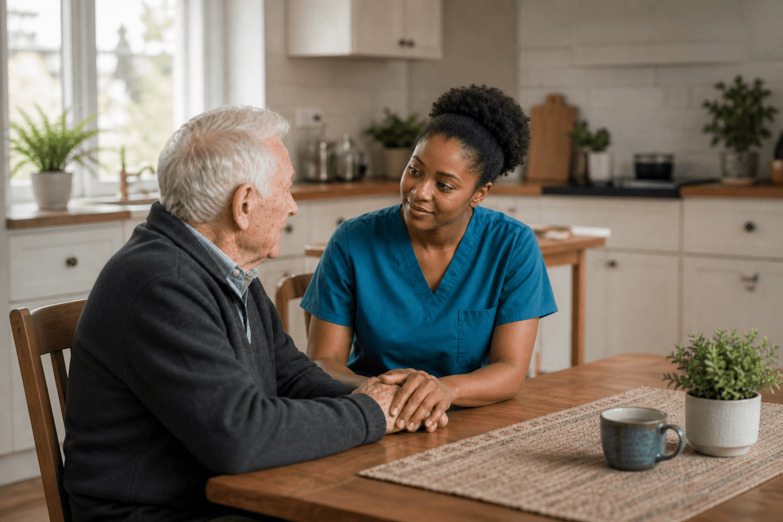 Caregiver attentively holding an elderly man's hand at a kitchen table
