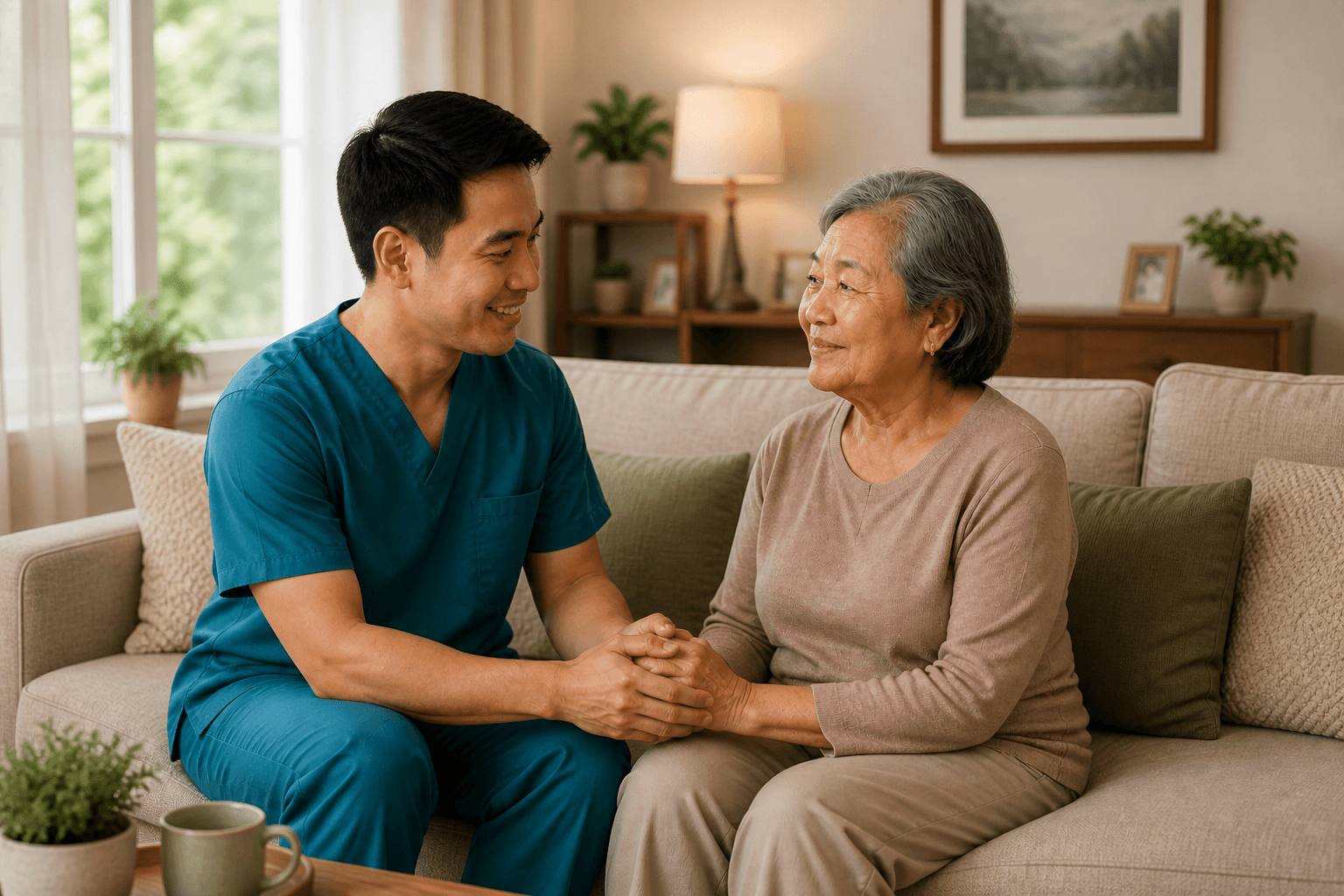 Caregiver holding hands warmly with an elderly client on a couch at home