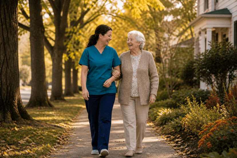 Caregiver and elderly client walking together outdoors on a tree-lined sidewalk