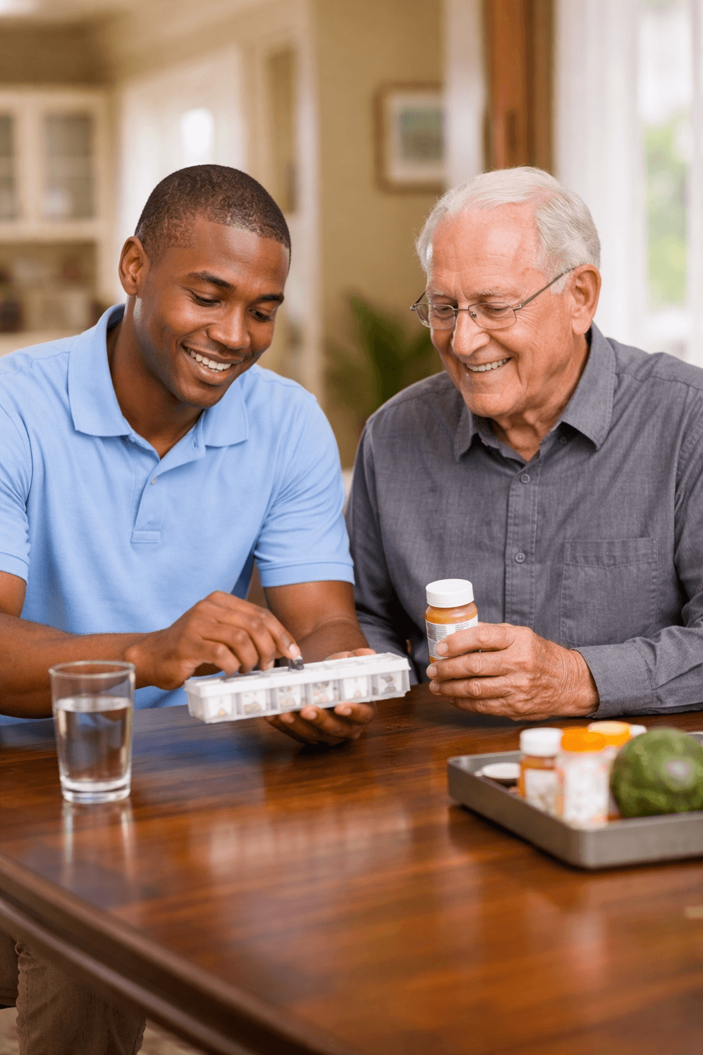 Caregiver assisting senior with medication in Cherry Creek