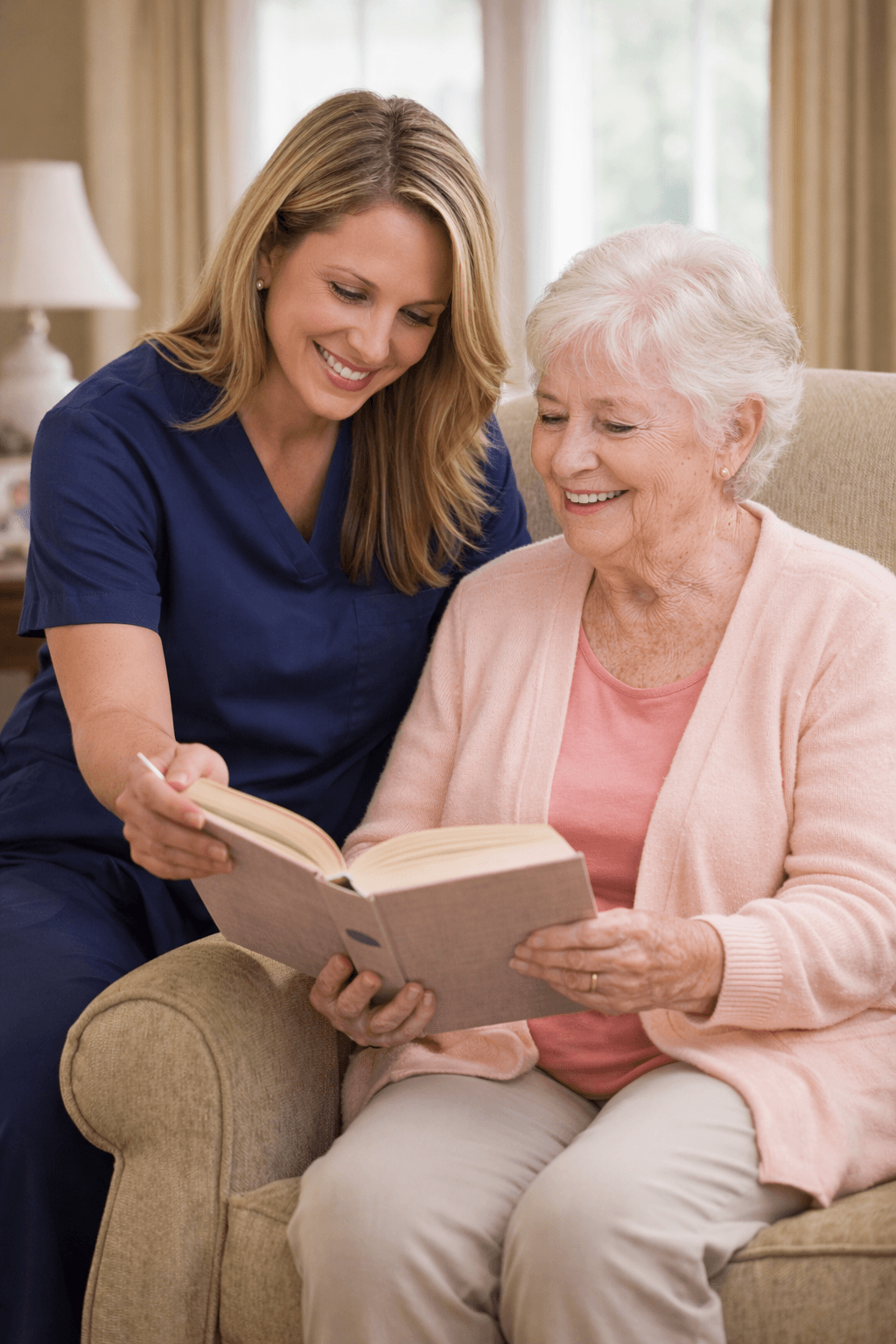 Caregiver reading with senior in Brighton