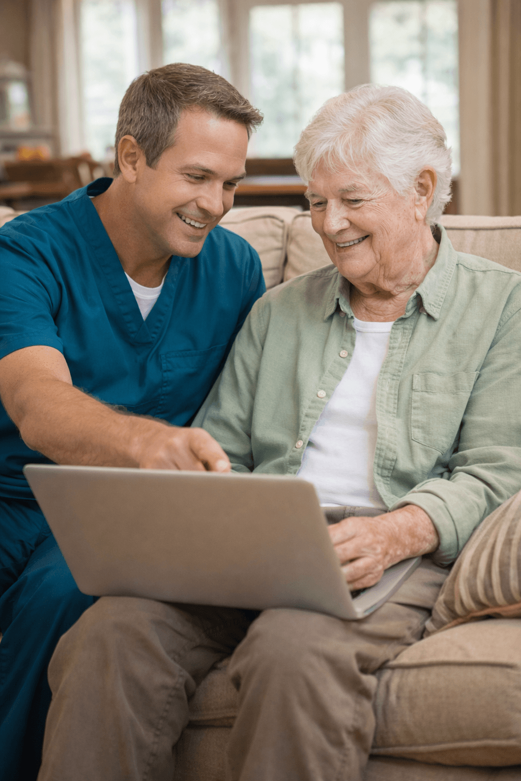 Caregiver helping senior with technology in Westminster