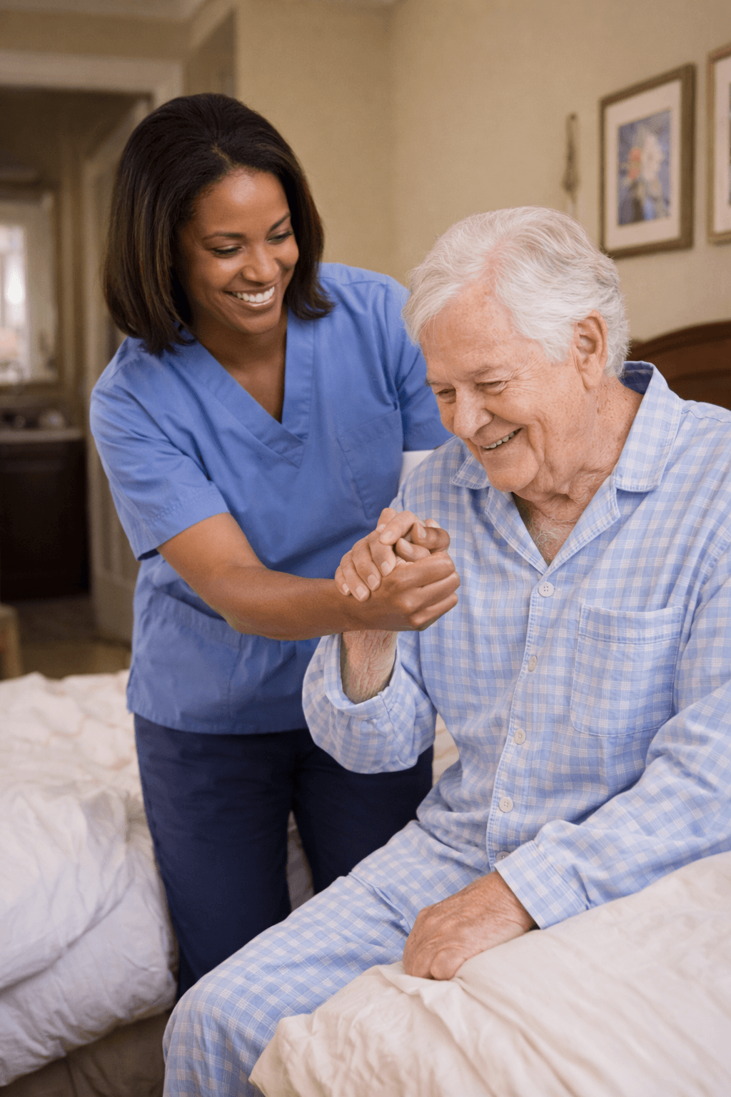 Caregiver assisting senior at bedside in Englewood