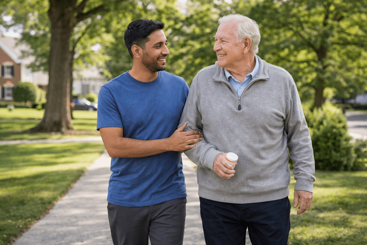 Caregiver walking outdoors with senior in Denver
