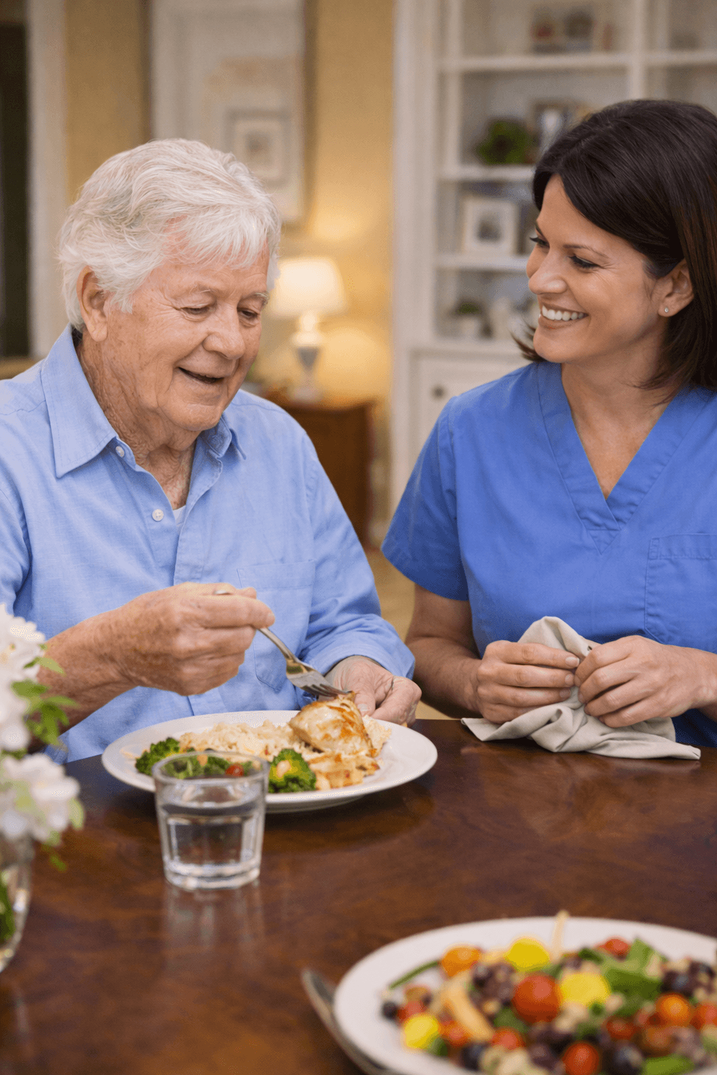 Caregiver sharing a meal with senior in Wheat Ridge
