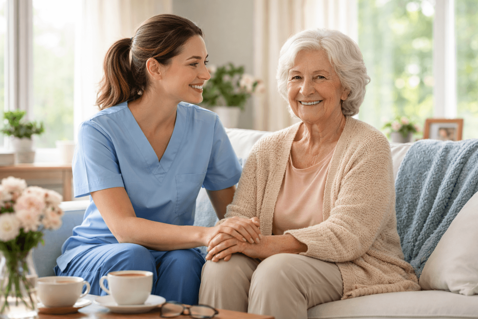 Caregiver and senior sharing a warm moment together