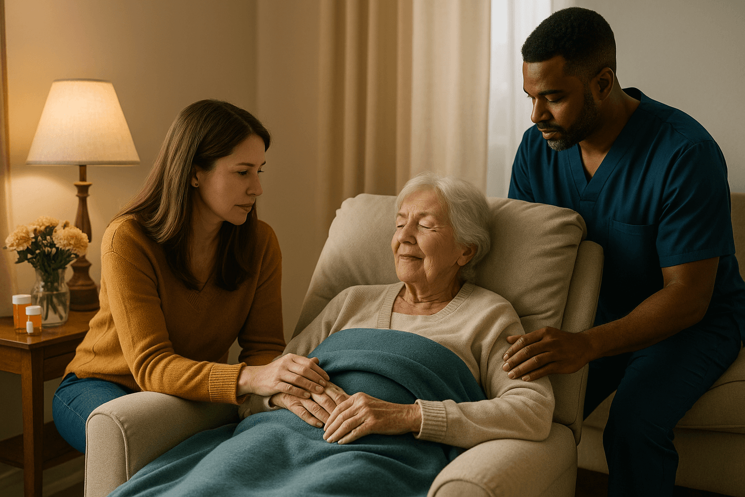 Caregiver helping elderly woman during Christmas celebration