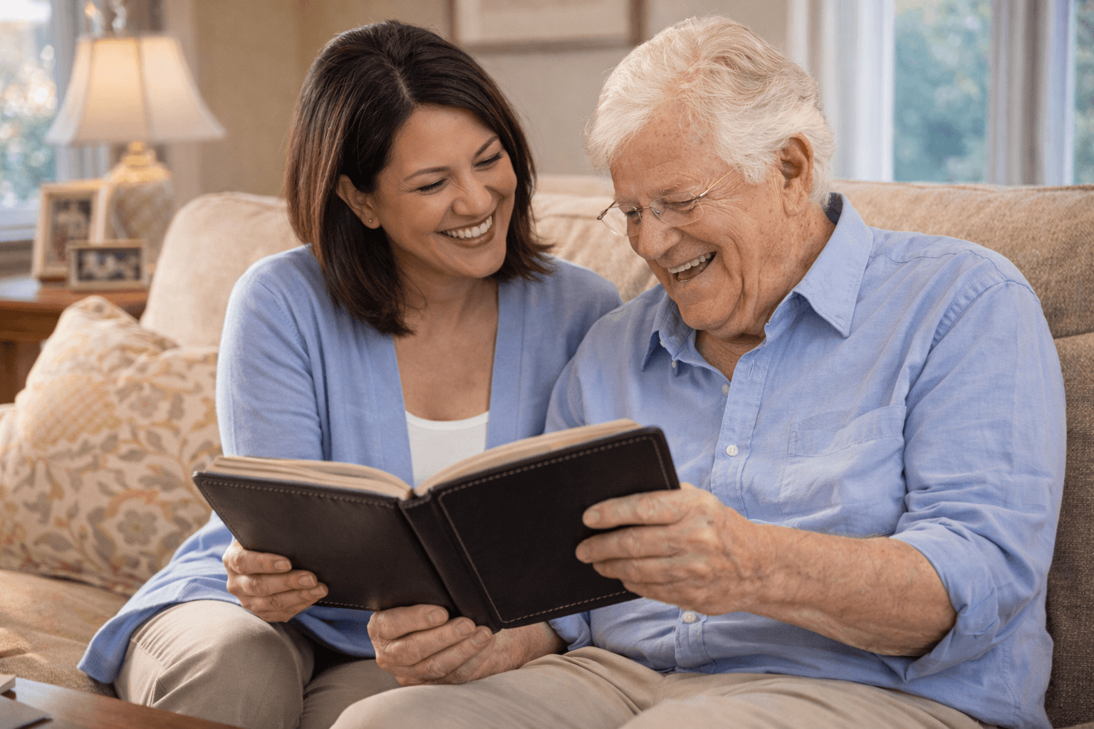 Family discussing home care options at a kitchen table